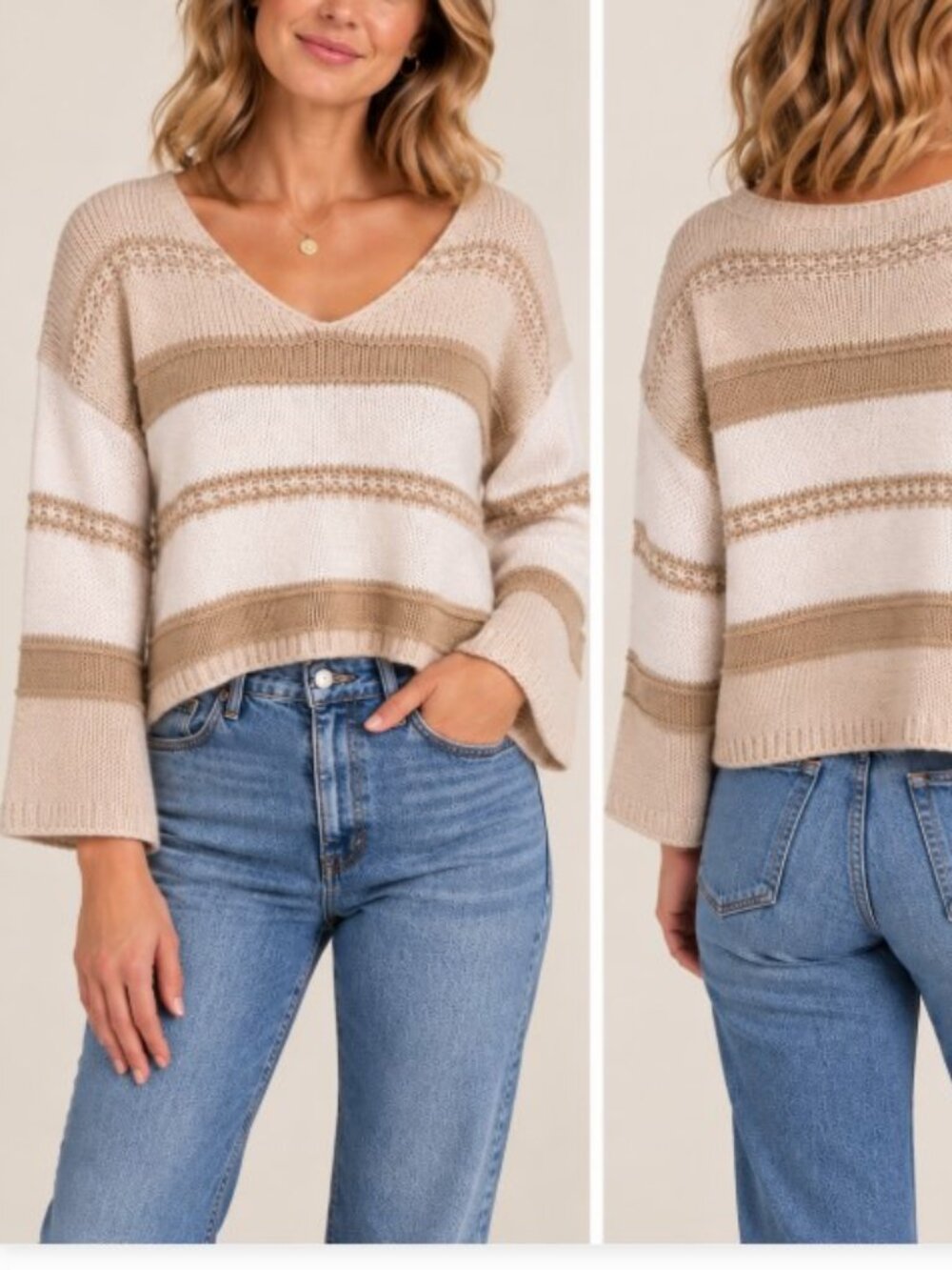 Sincerely Jules Beige Cream Striped Cropped V-Neck Bell Sleeve Sweater S Size S